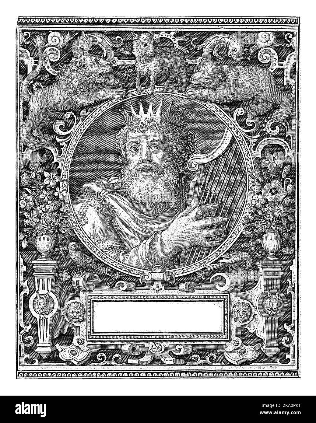 Portrait with bust of King David with harp in medallion within rectangular frame with ornaments in the shape of wild animals, a lion and bear, and a l Stock Photo