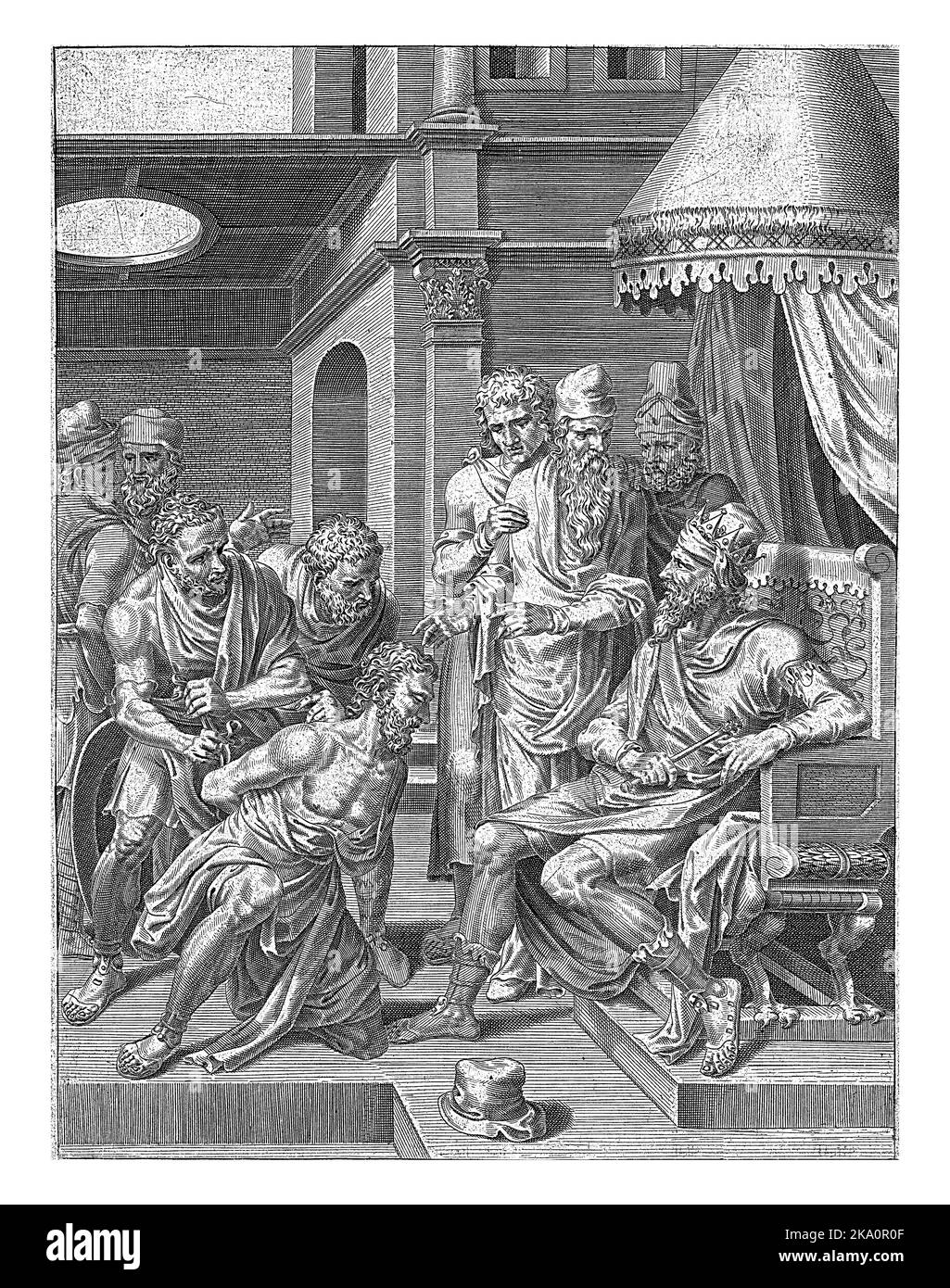 Reprimand and condemnation of the ungrateful servant, Dirck Volckertsz. Coornhert, after Maarten van Heemskerck, 1554 - 1612 The king sits on a throne Stock Photo