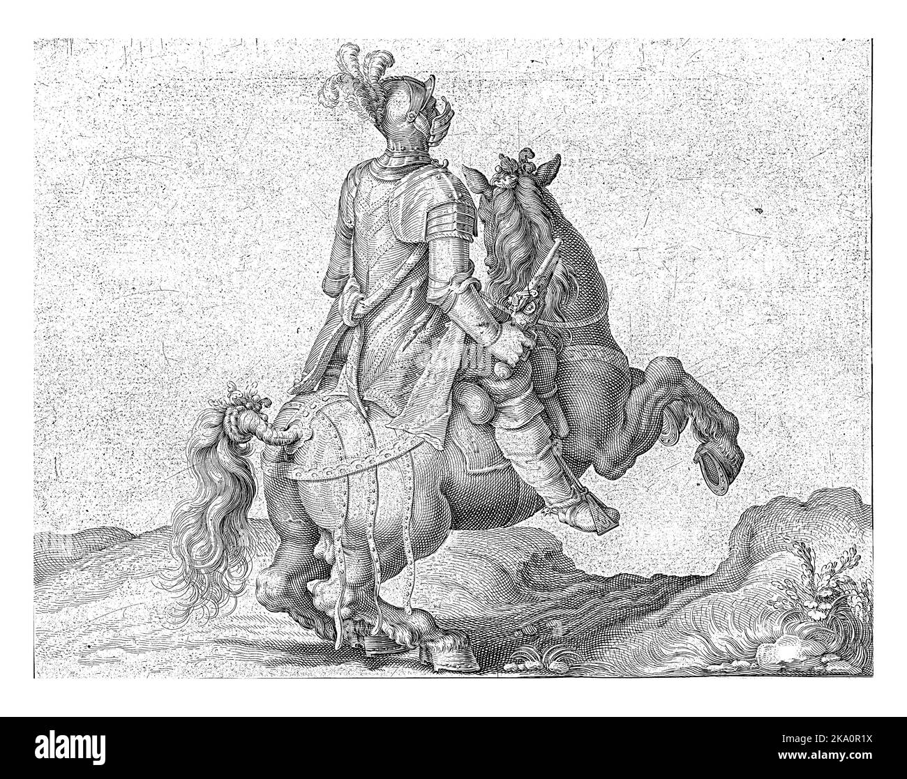 A man in armor on horseback, riding to the right, seen from the back, a pistol in his right hand. Stock Photo
