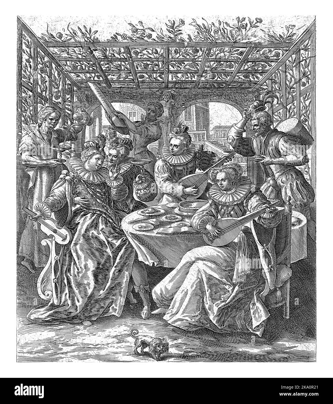 The prodigal son squanders his money by living a licentious life. He sits under a pergola at a table with women making music. In the margin a caption Stock Photo