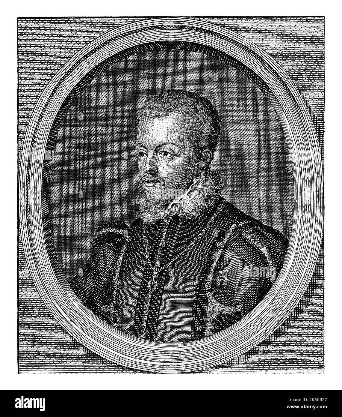 Bust to the left of Philip II, King of Spain in an oval. The portrait rests on a plinth on which