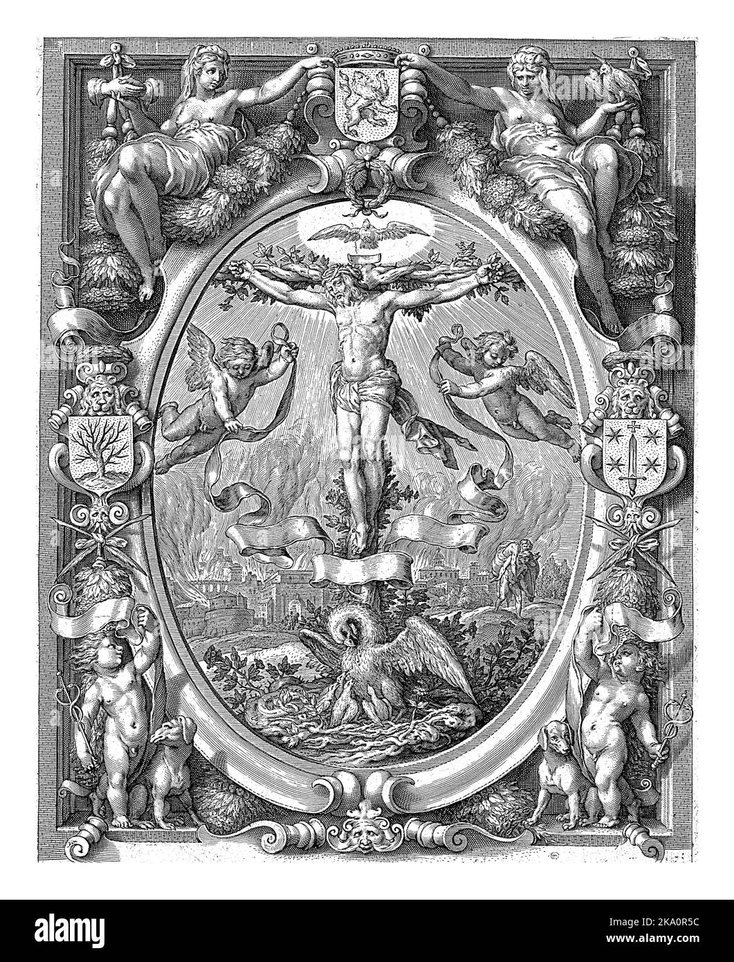 Blazon of the chamber of rhetoric De Pellicaen in Haarlem, with the crucifixion in allegorical frame, Jacob Matham, after Hendrick Goltzius. Stock Photo