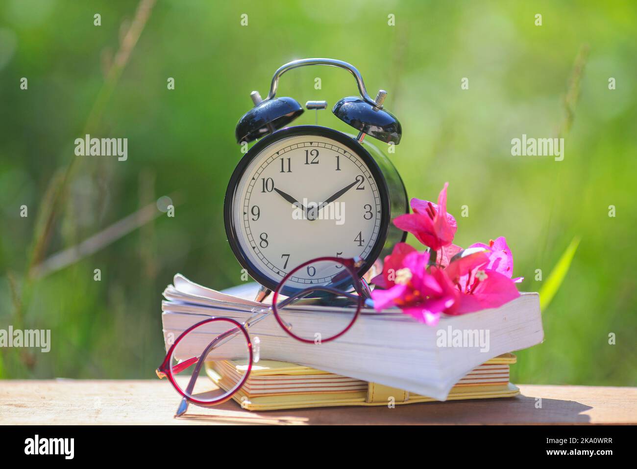 Black alarm clock stacked on old dictionary with pink flower and