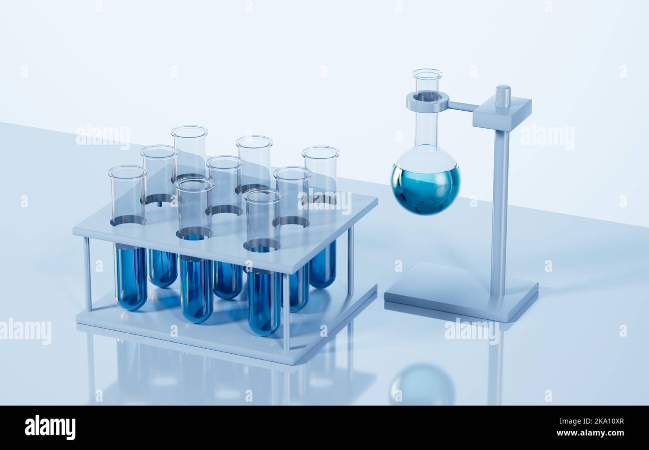 Test tubes and round flask on the desk in the lab, 3d rendering ...