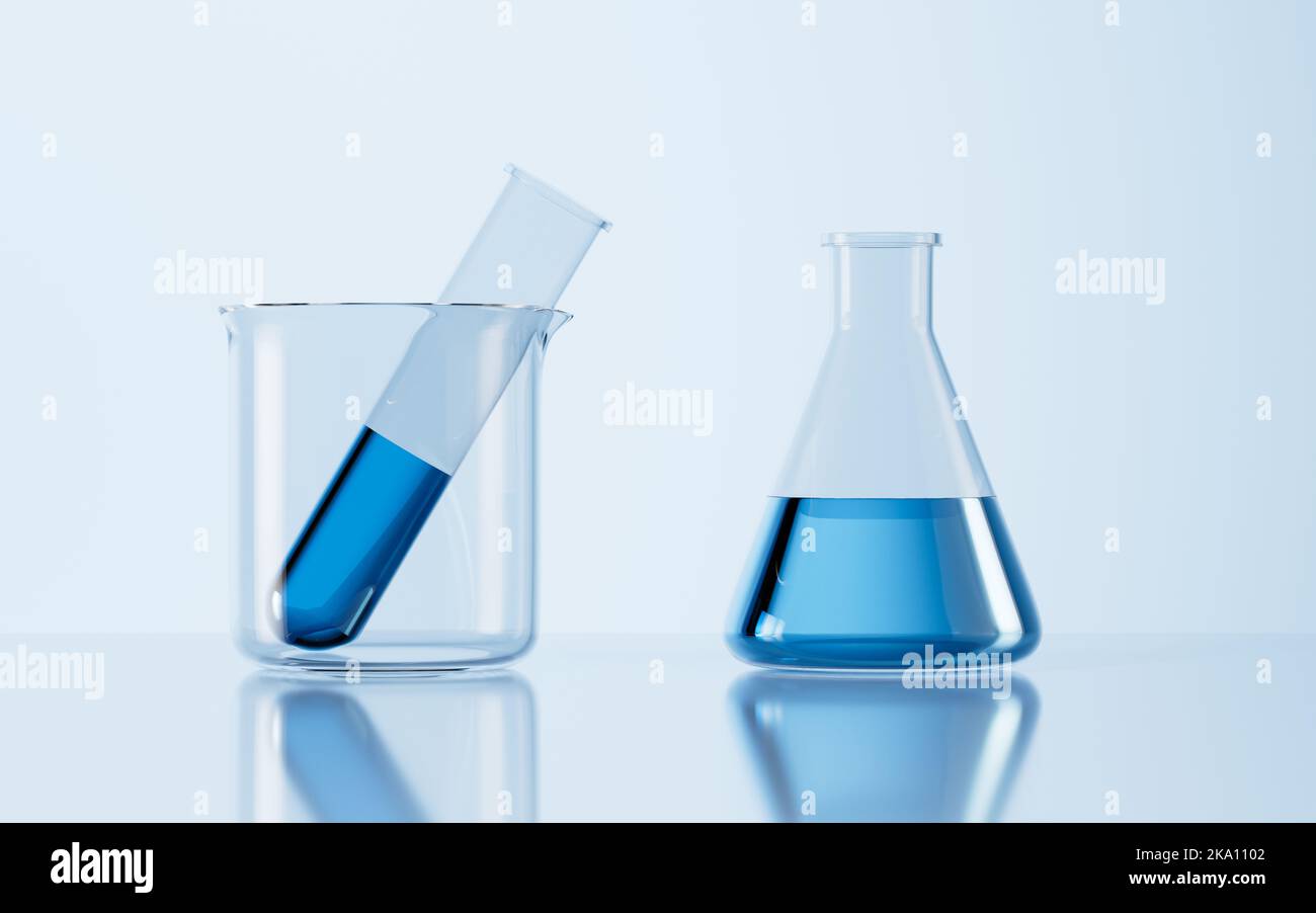 Glassware on the desk in the lab, 3d rendering. Digital drawing Stock ...