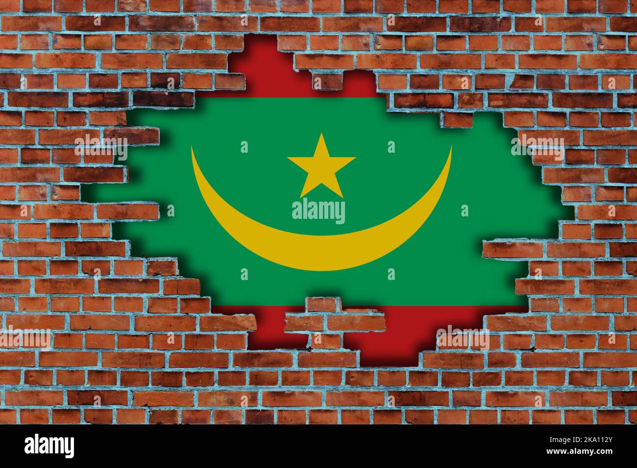 3D Flag of Mauritania behind the broken old stone wall background Stock ...