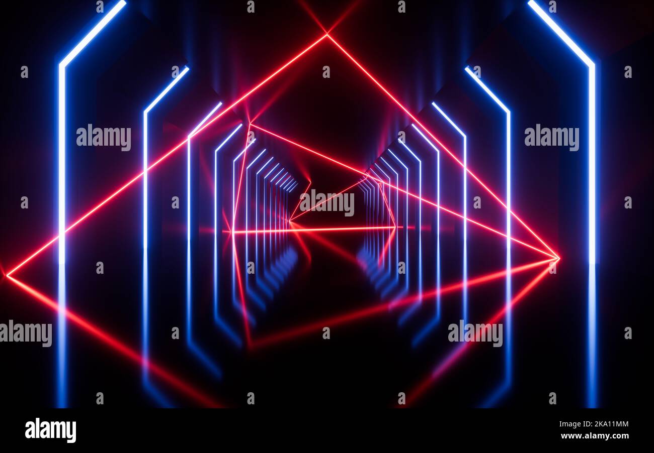 Glowing neon lines and tunnel, 3d rendering. Digital drawing Stock ...