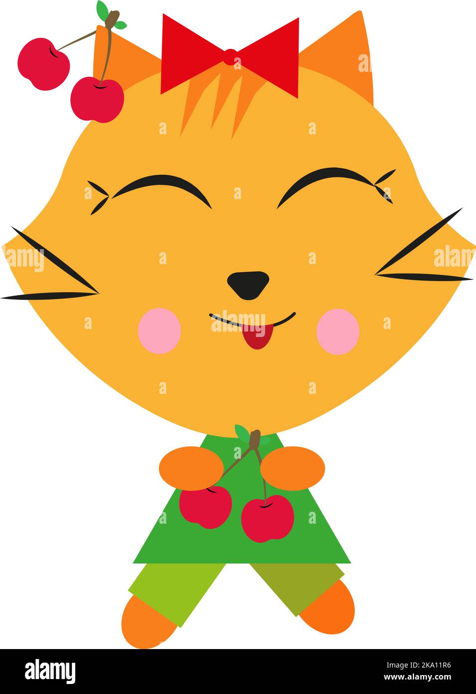 Kitty with cherries, illustration or icon, vector on white background. Stock Vector