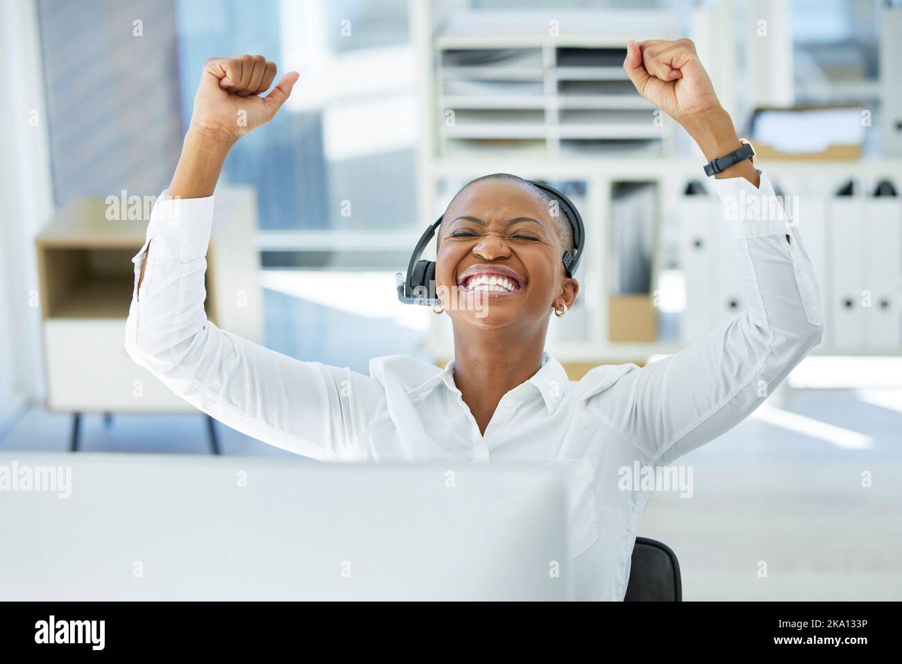 Success, call center or sales consultant black woman for happy telemarketing, winner or b2b company motivation in office. IT support, contract or CRM Stock Photo