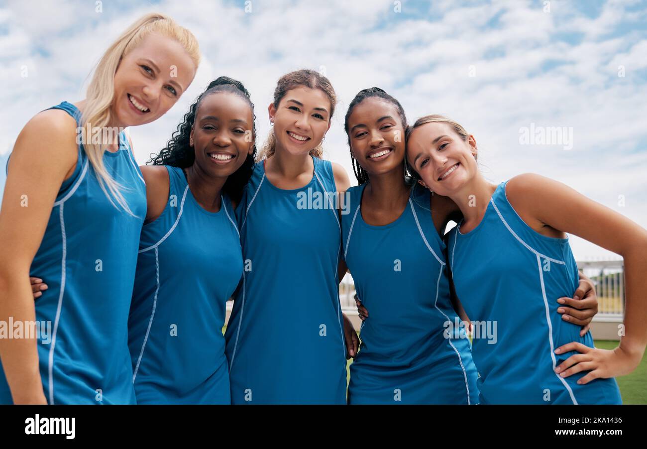 Diversity, woman and sport team with smile for support, unity or trust in fitness together in the outdoors. Portrait group of athletic women smiling Stock Photo