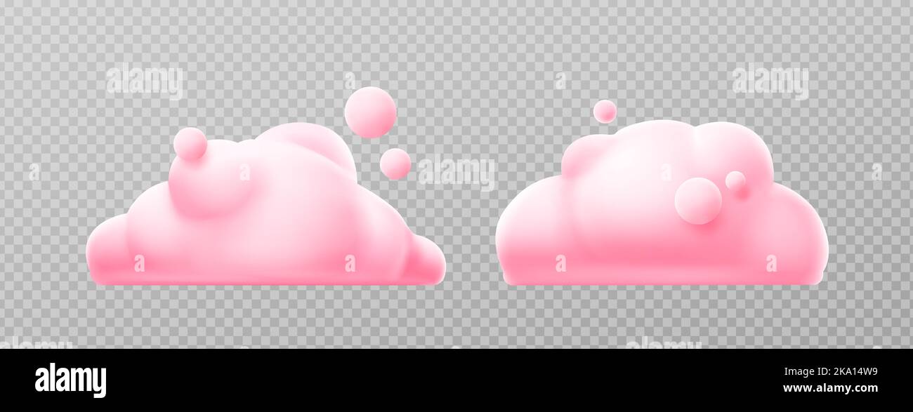 3d render pink clouds, fluffy spindrift or cumulus eddies. Flying weather and nature design elements balloons isolated on transparent background, illustration in cartoon plastic style, icons set Stock Vector