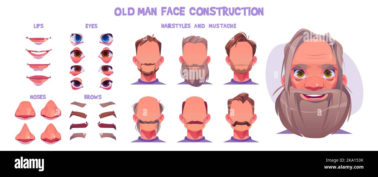 Old man face animation constructor, cartoon elderly male character creation set with various hairstyles, eyes, noses, lips, eyebrows, beards or mustaches, isolated aged white personage, Vector kit Stock Vector
