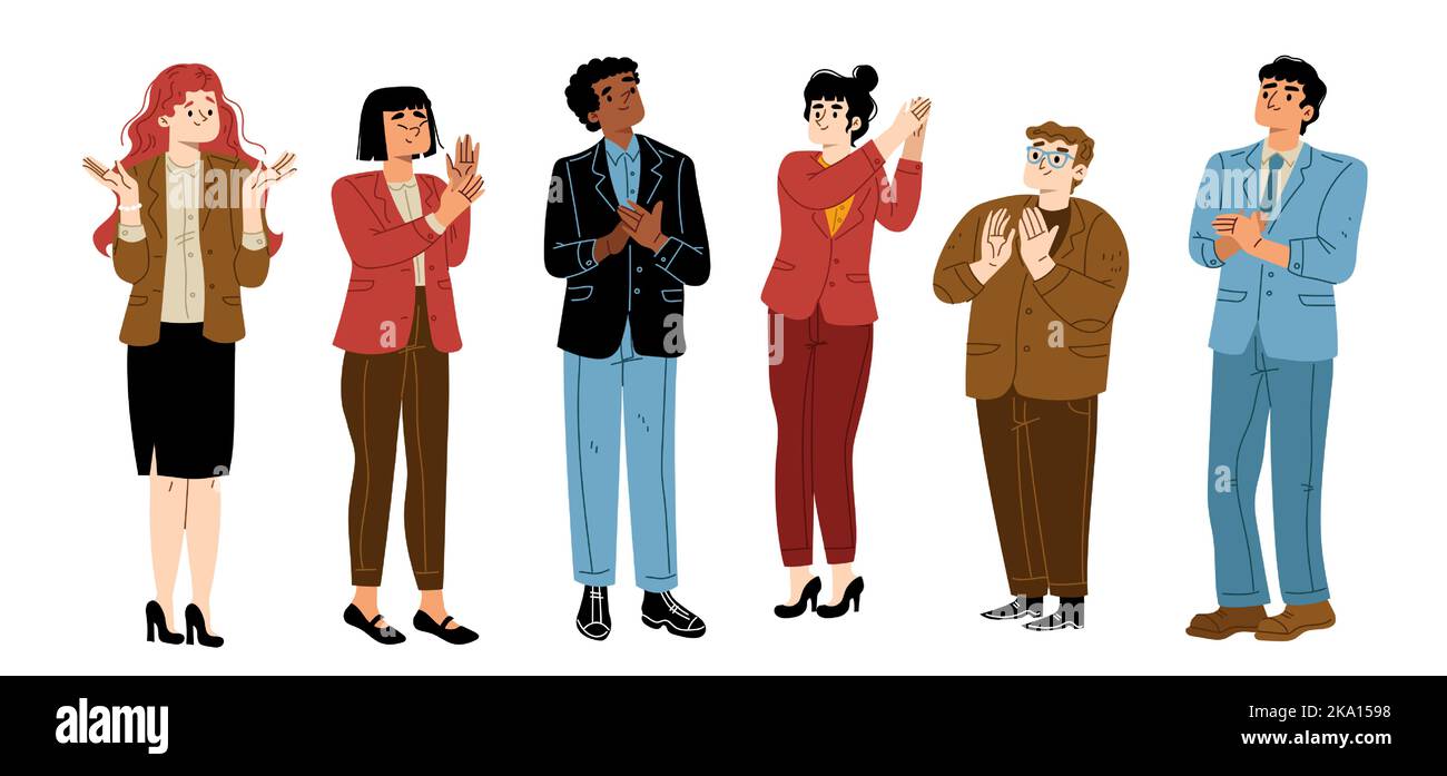Business people clap hands, applaud. Diverse characters of team cheer for agreement, good job or success. Concept of applause, support, positive appreciation, vector hand drawn illustration Stock Vector