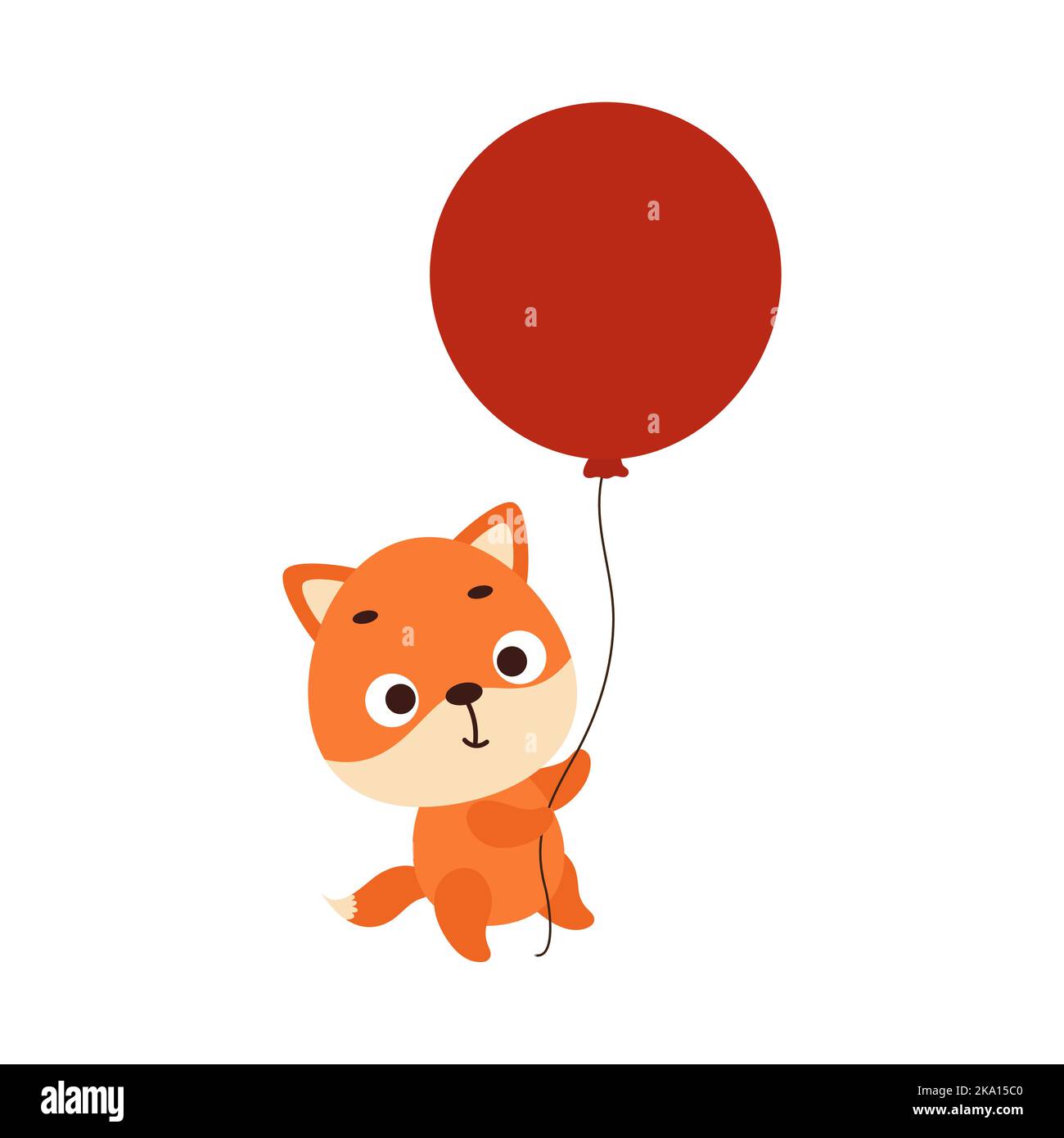 Cute little fox flies on red balloon. Cartoon animal character for kids