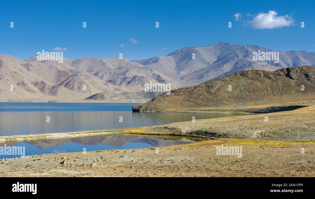 Scenic mountain landscape view of high-altitude Yashilkul lake in the ...
