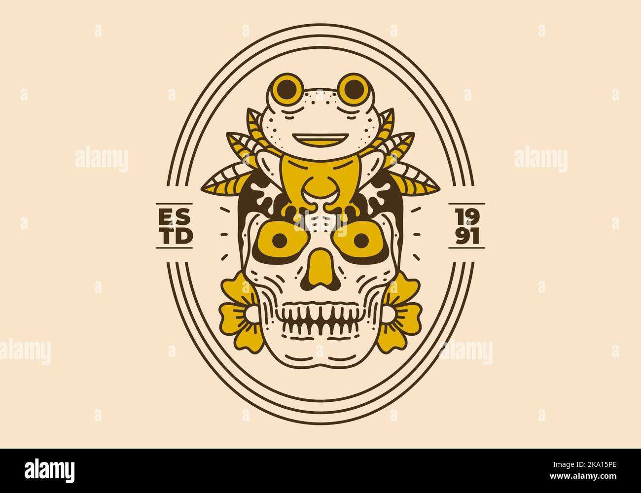 Vintage art illustration design of a frog sit on the skull Stock Vector ...