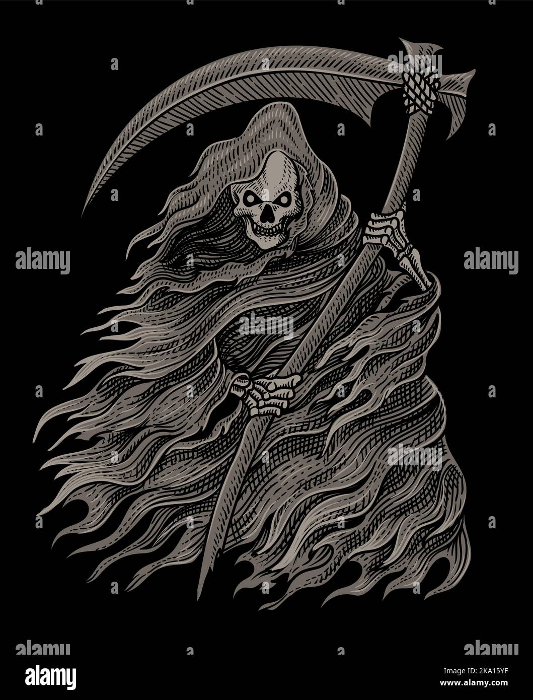 Illustration Scary Grim Reaper With Vintage Engraving Style Stock 