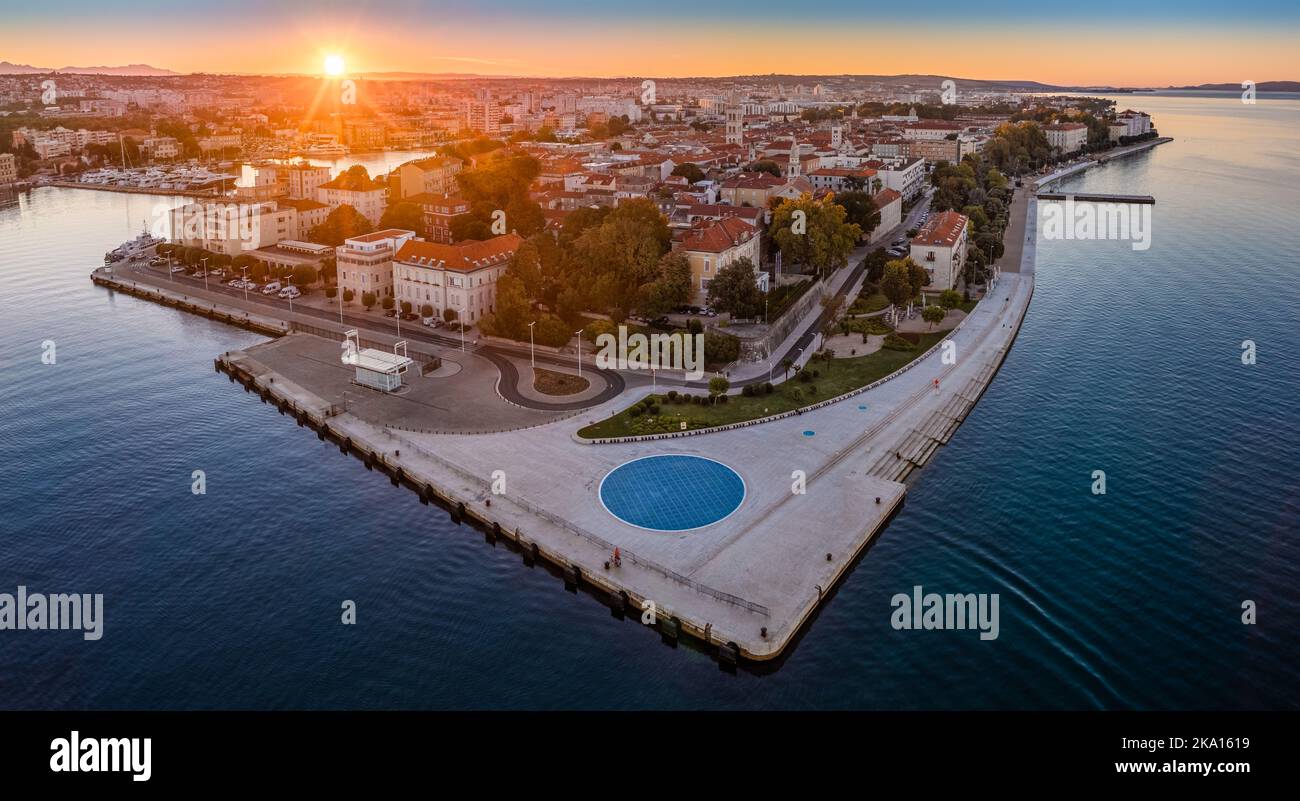 Zadar, Croatia - Aerial panoramic view of the old town of Zadar by the Adriatic sea with The Greeting to the Sun monument, Zadar skyline, sea organ, b Stock Photo