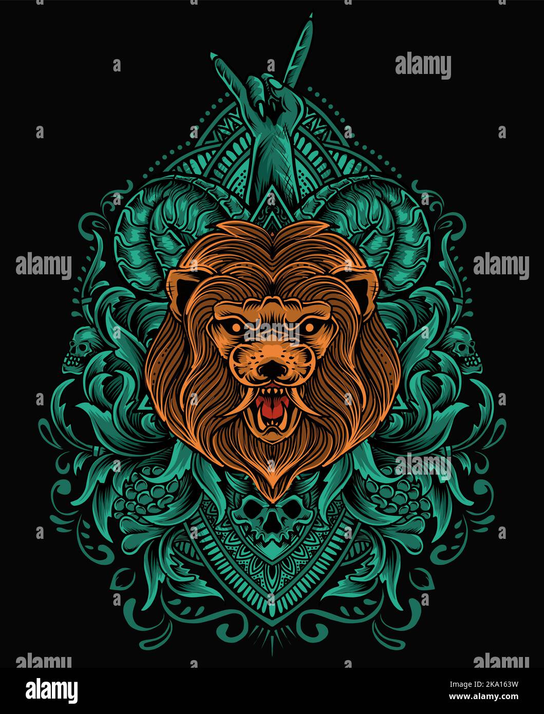 Illustration isolated lion head with engraving ornament Stock Vector