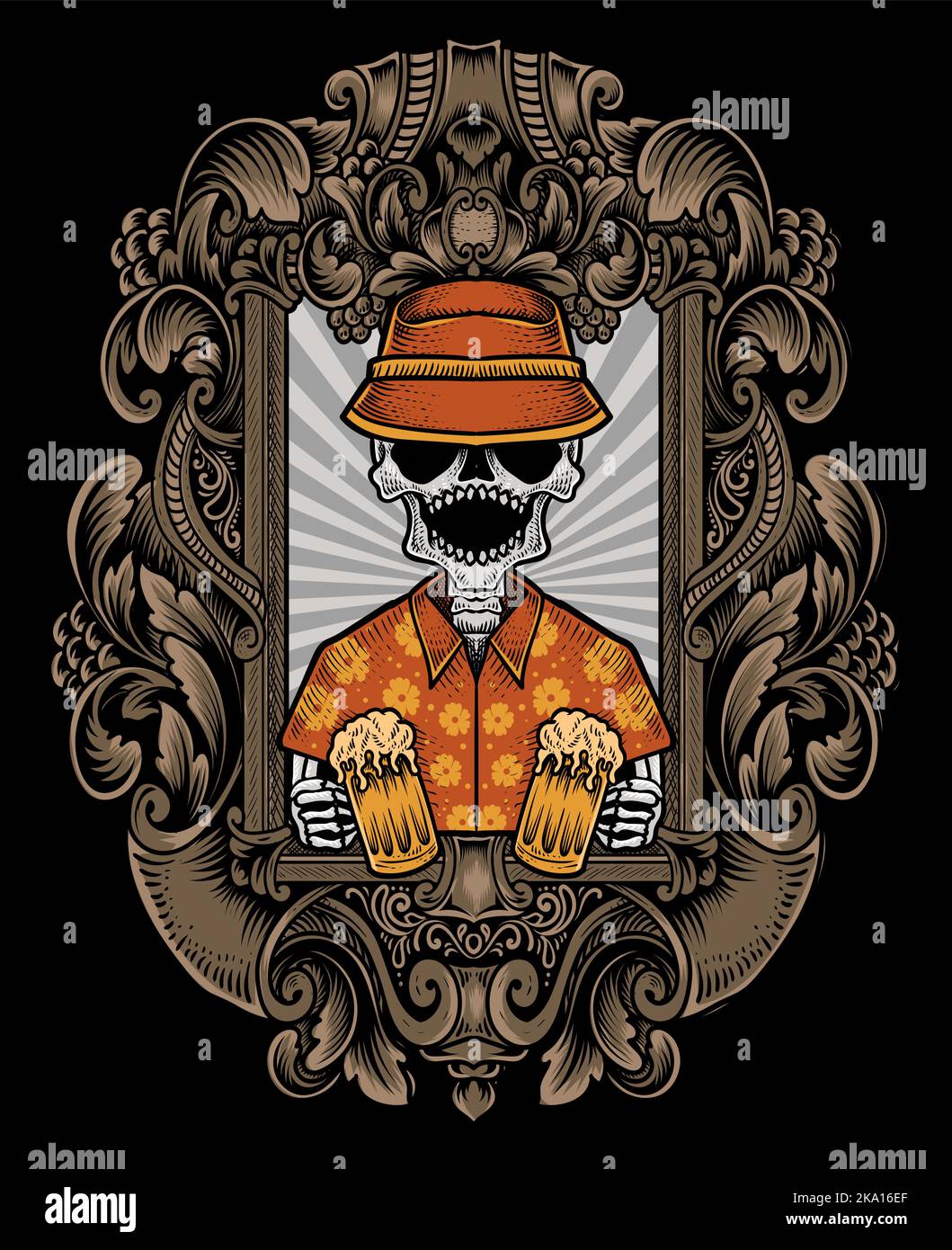 illustration skull beer with engraving ornament Stock Vector Image ...