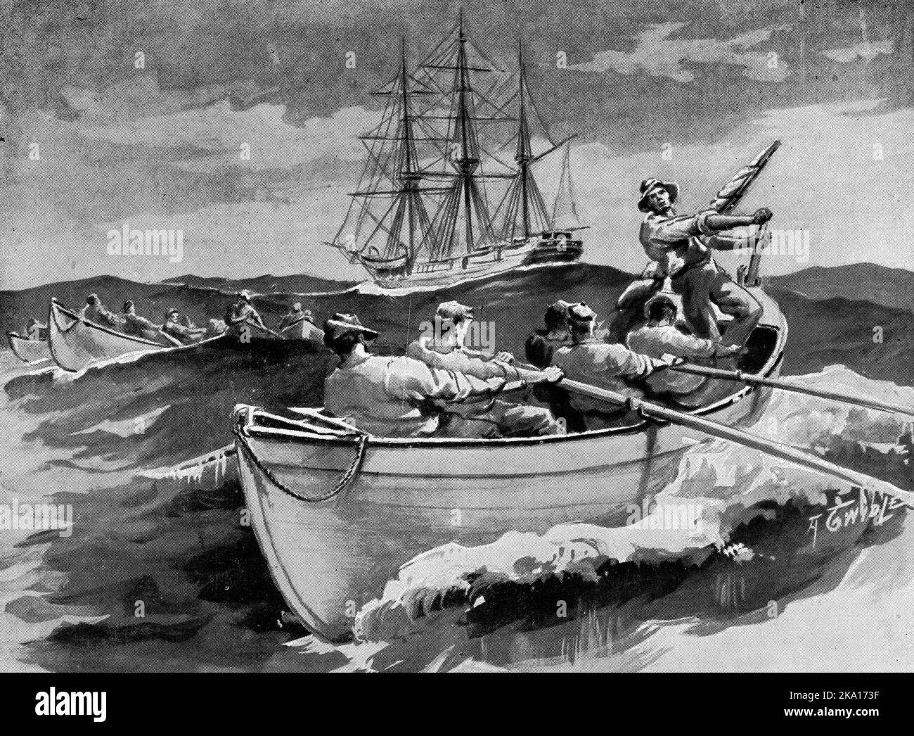 A team of whalers row away from their ship in pursuit of a sperm whale