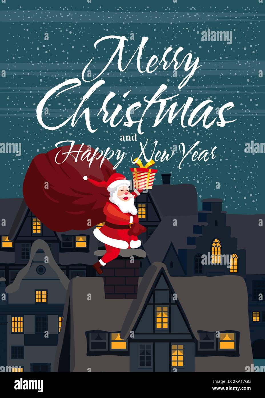 Merry Christmas poster, Santa Claus on the roof delivering gifts by ...