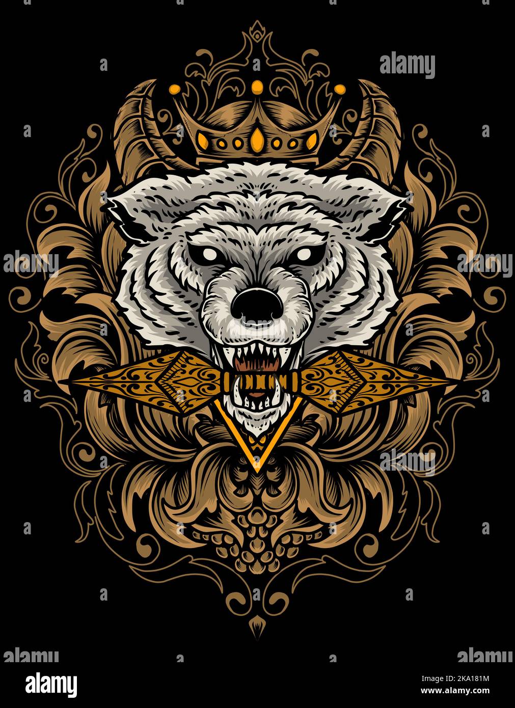 illustration wolf head with engraving ornament Stock Vector