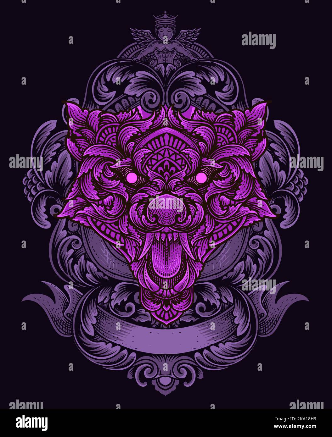 illustration wolf head with engraving ornament style Stock Vector