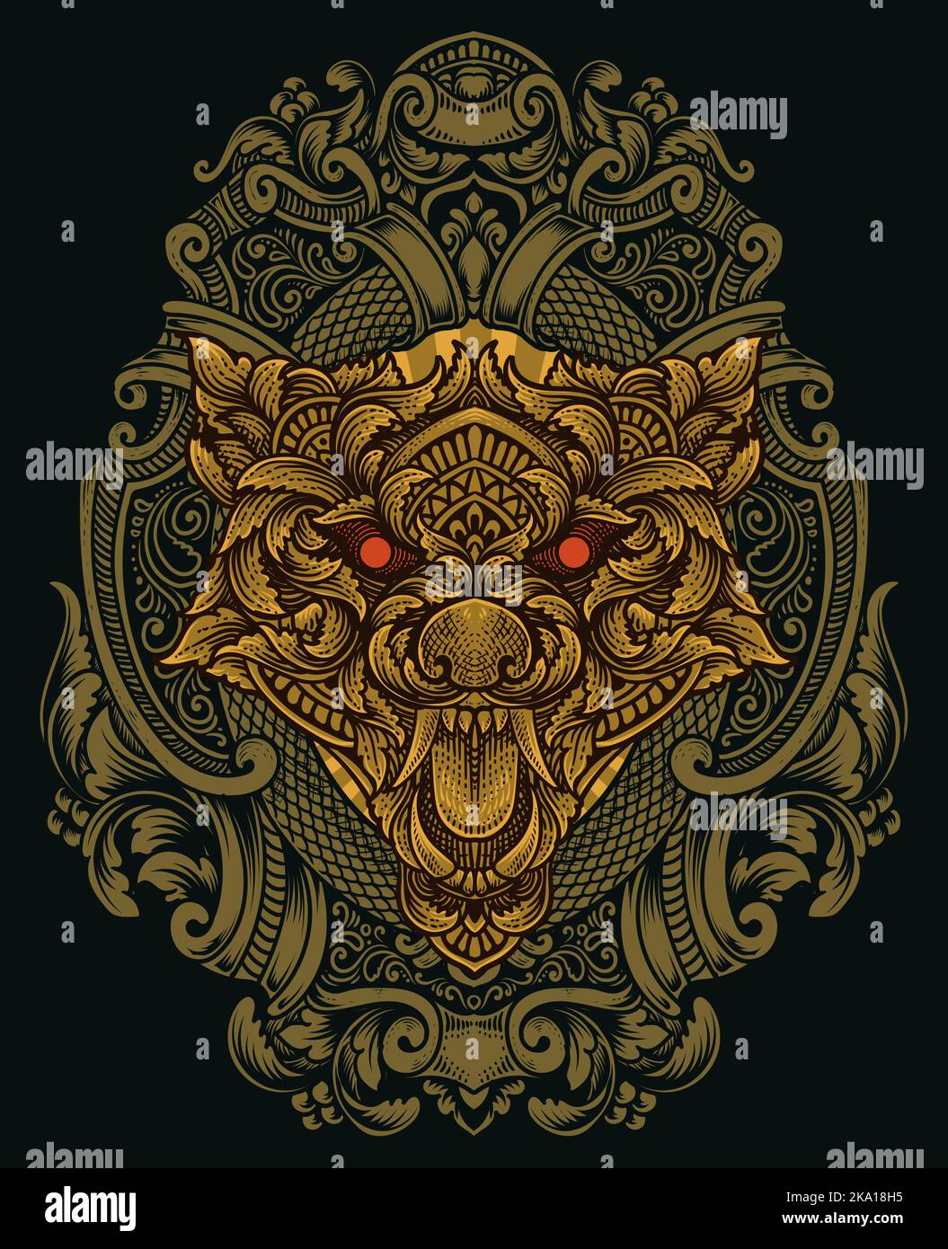 illustration wolf head with engraving ornament style Stock Vector