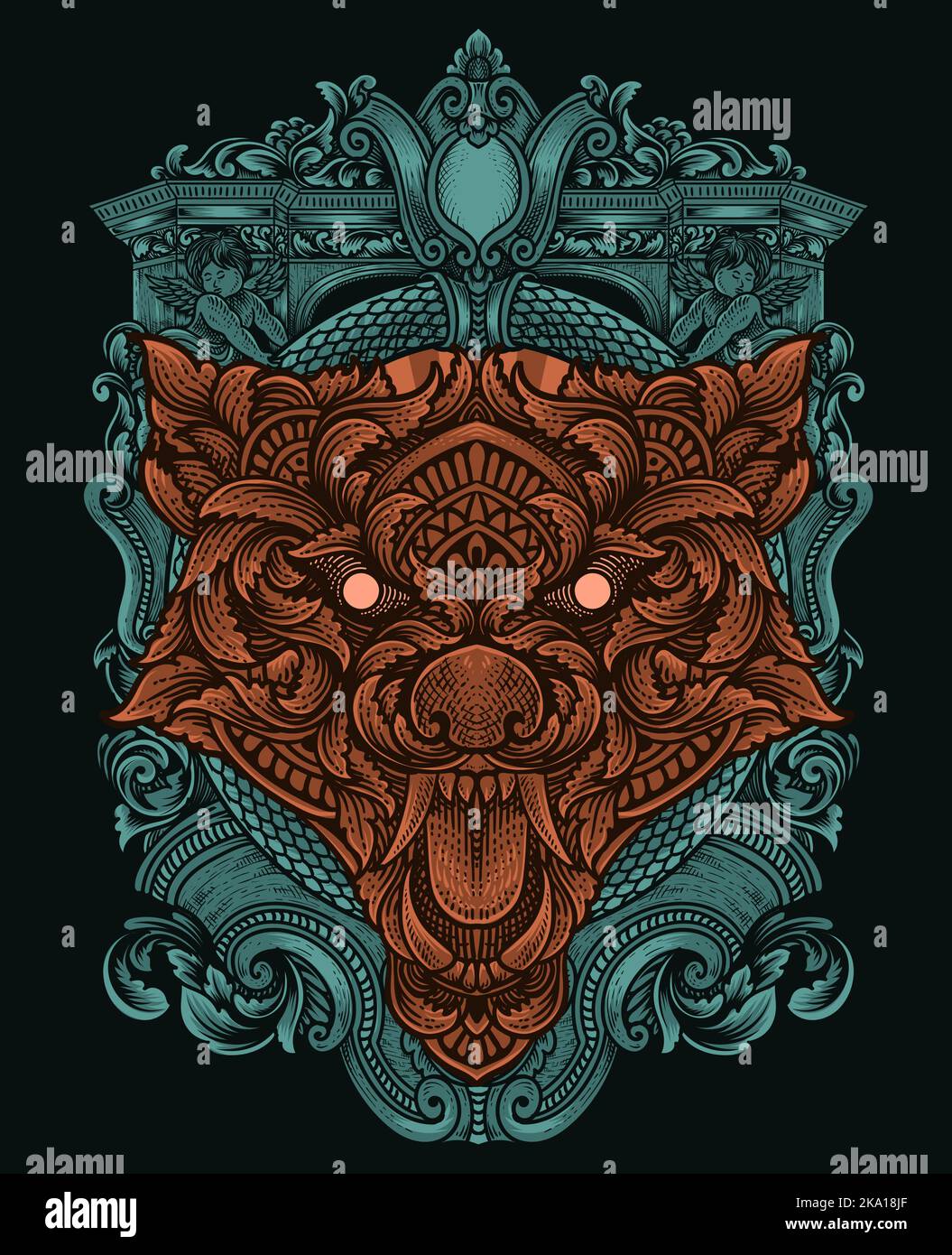 illustration wolf head with engraving ornament style Stock Vector