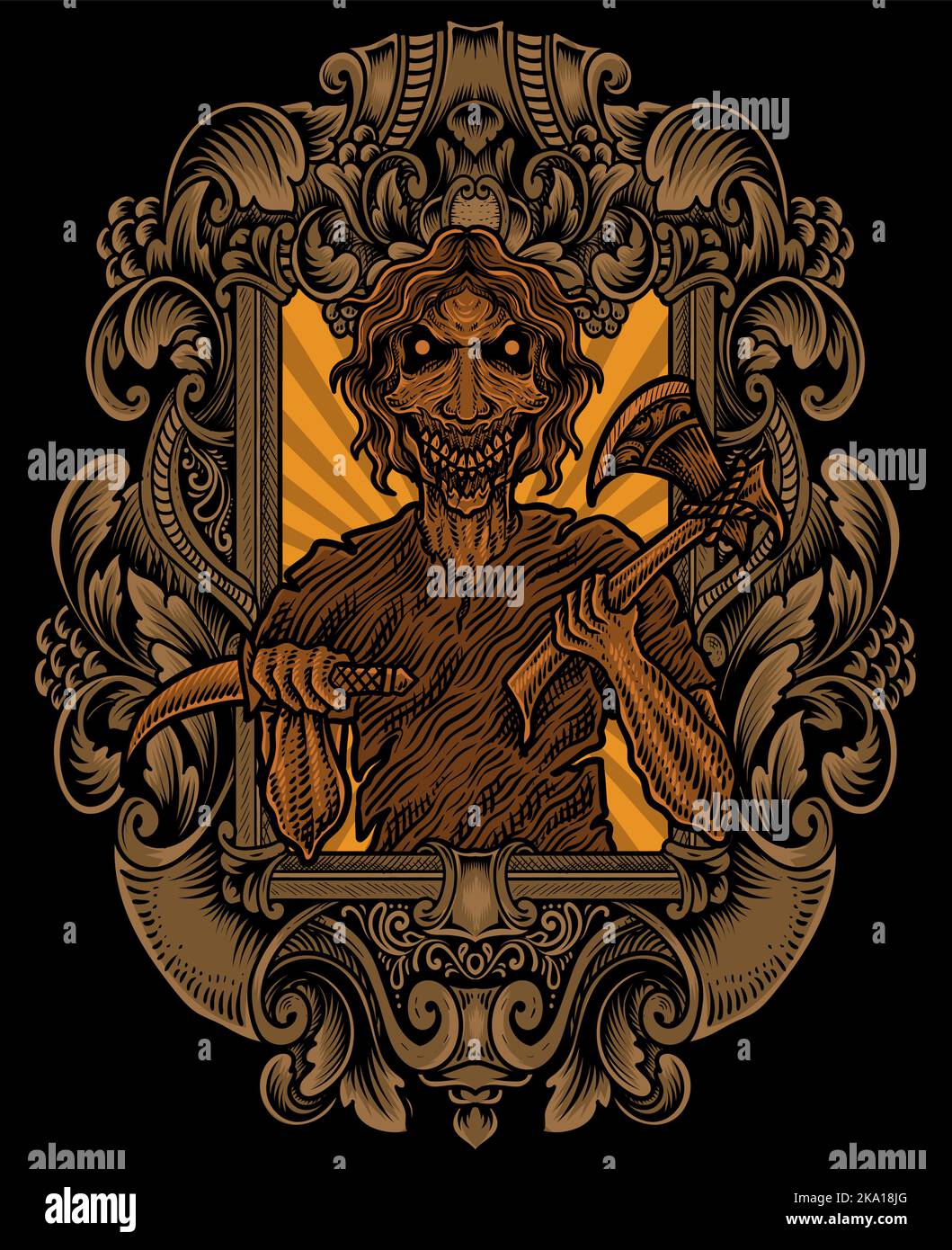 isolated scary zombie with engraving ornament frame Stock Vector Image
