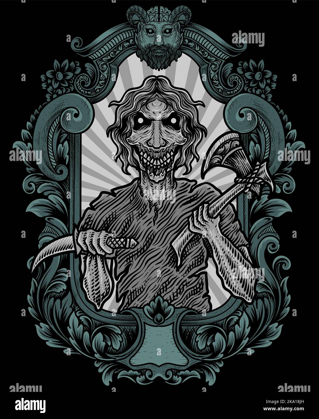 isolated scary zombie with engraving ornament frame Stock Vector Image
