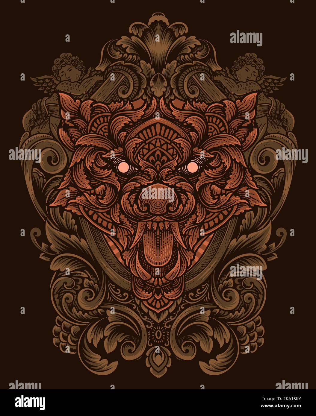 illustration wolf head with engraving ornament style Stock Vector