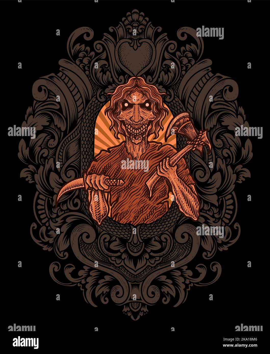 isolated scary zombie with engraving ornament frame Stock Vector Image ...