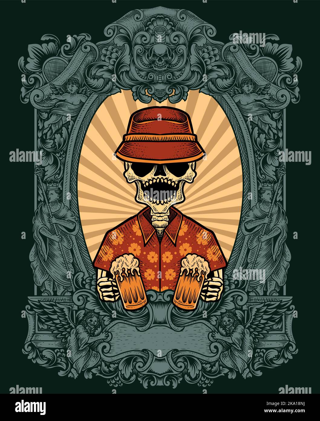 illustration skull beer with engraving ornament frame Stock Vector ...