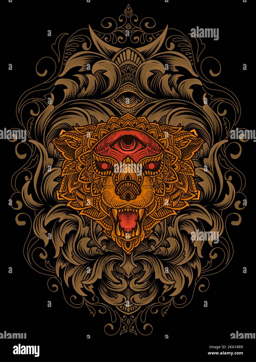 illustration wolf head mandala style with engraving ornament Stock
