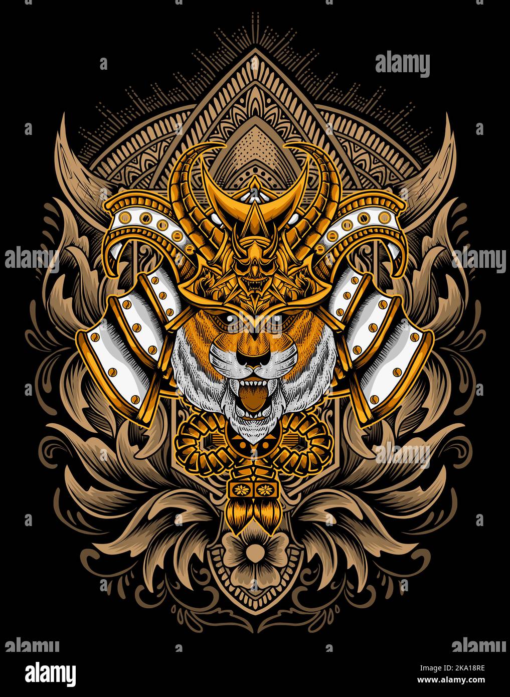 illustration tiger samurai head with engraving ornament Stock Vector