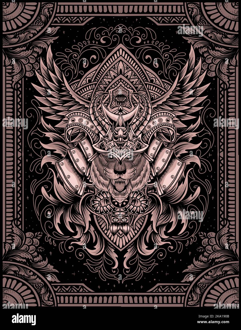 illustration tiger samurai head with engraving ornament Stock Vector