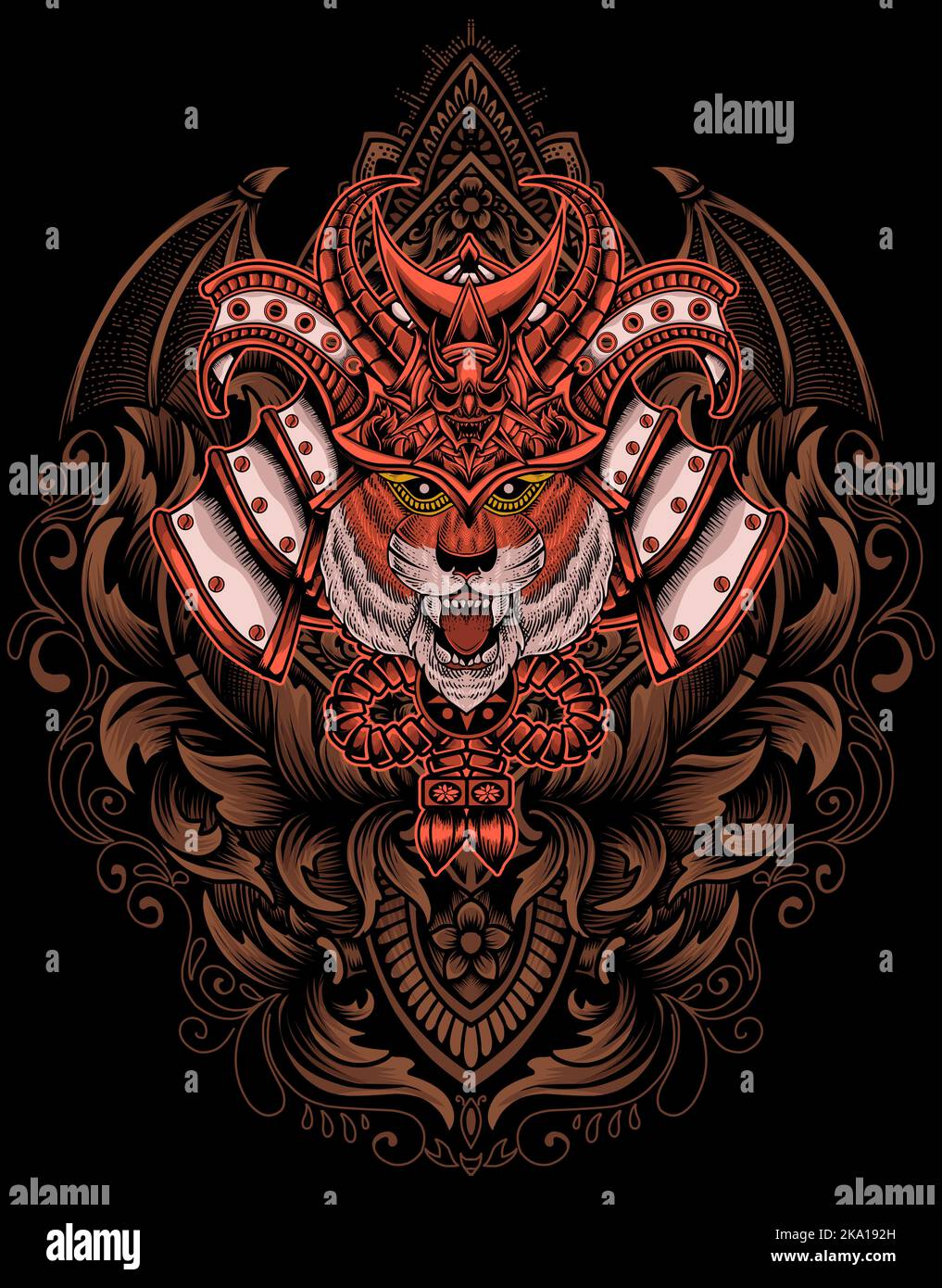 illustration tiger samurai head with engraving ornament Stock Vector