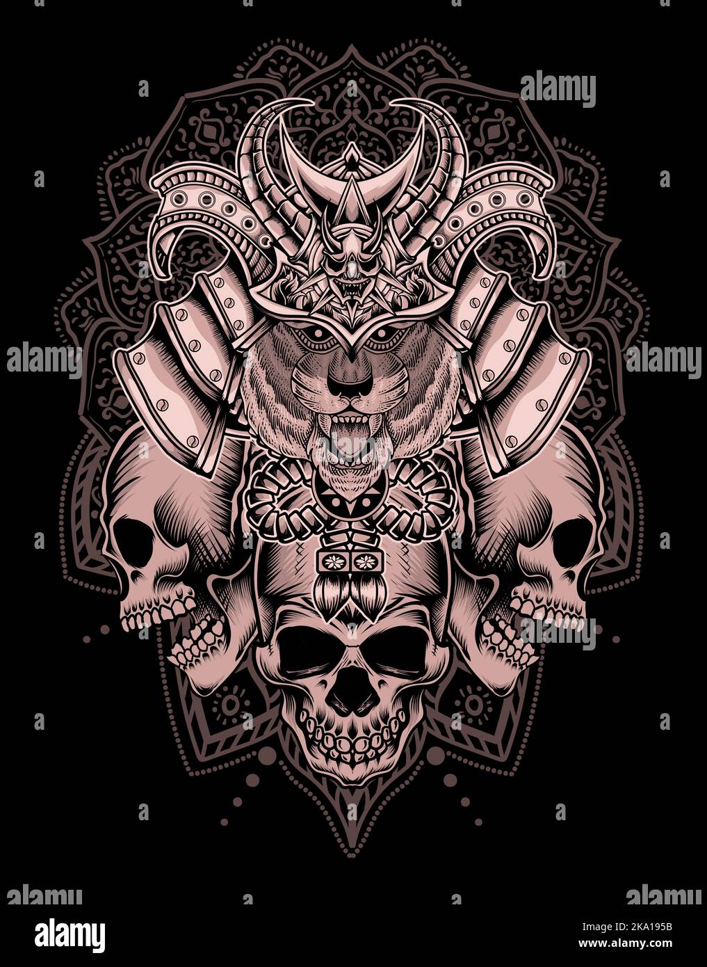 illustration tiger samurai head with engraving ornament Stock Vector