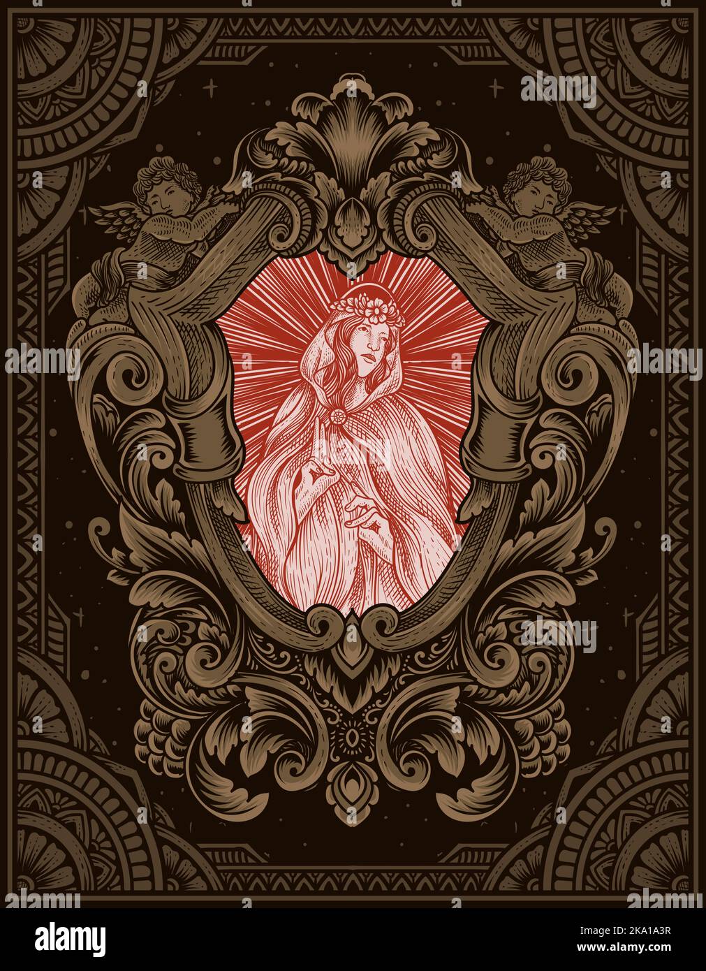 illustration vintage angel with engraving ornament style Stock Vector