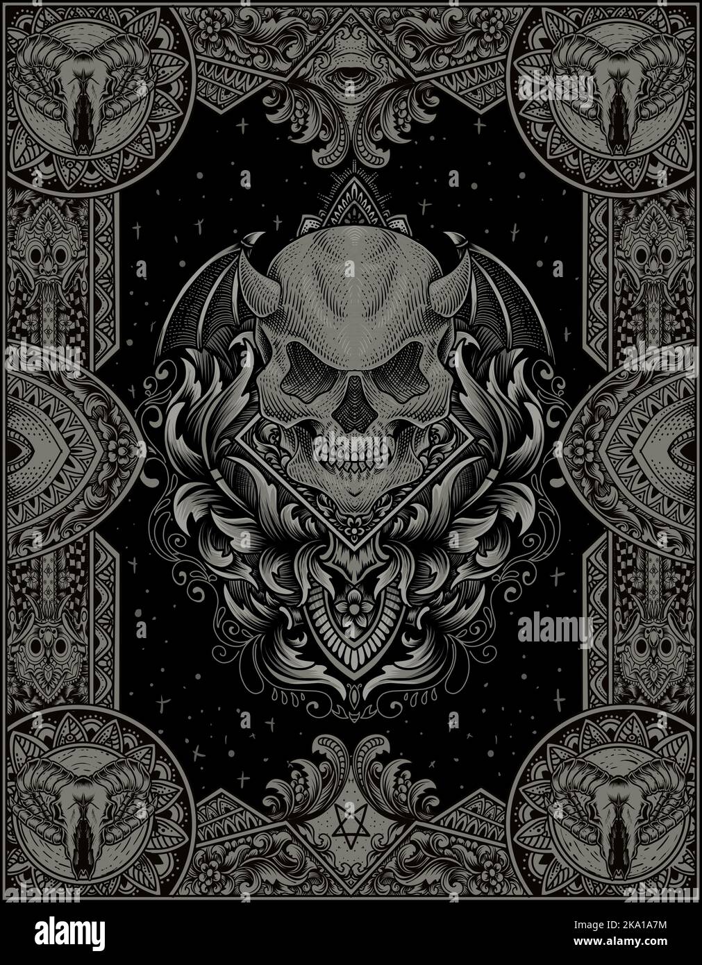 illustration demon skull with engraving ornament style Stock Vector ...