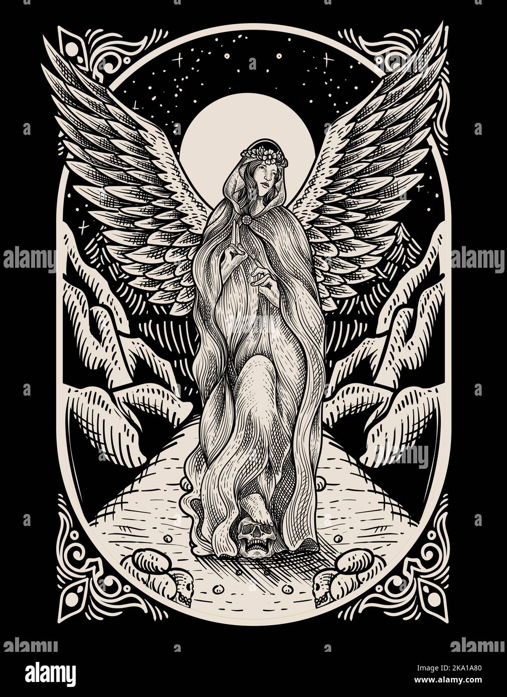 illustration vintage angel with engraving style Stock Vector