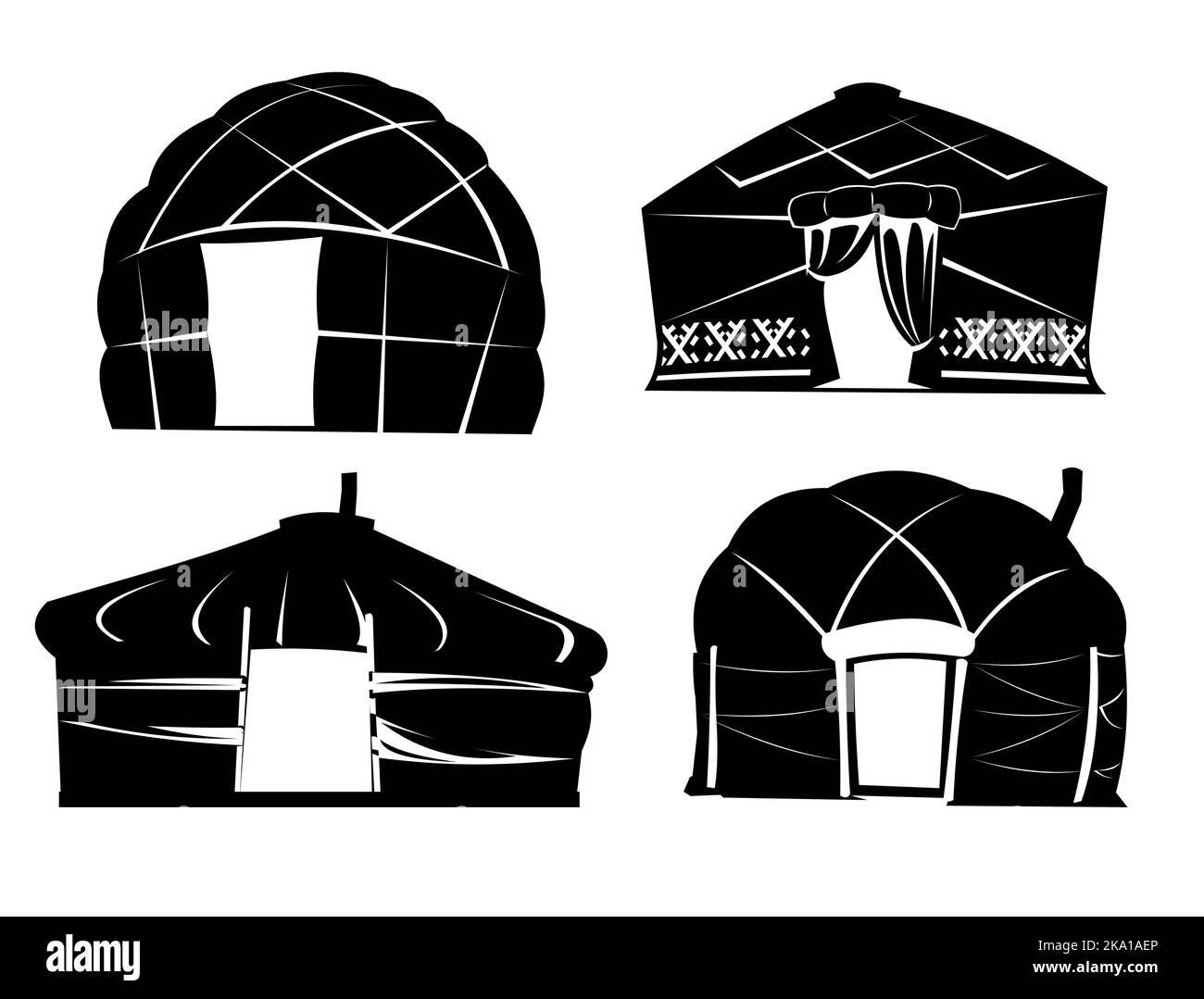 Set of Yurt in tundra. Silhouette design. Dwelling of northern nomadic peoples in Arctic. From felt and skins. Isolated on white background. Illustrat Stock Vector