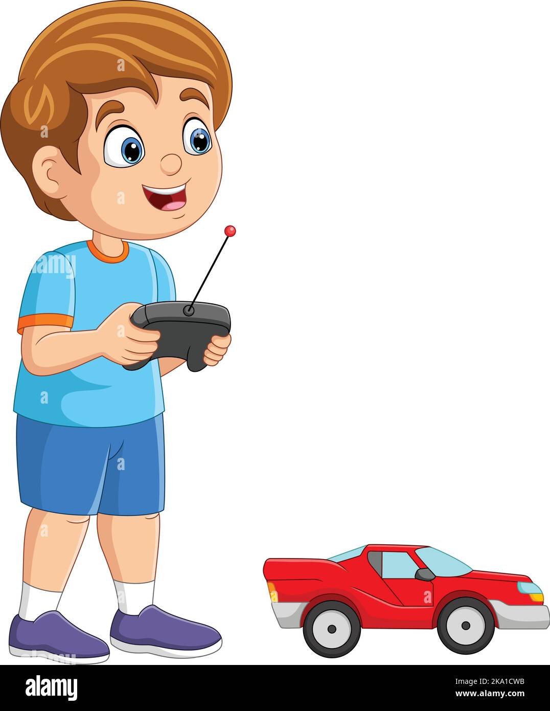 Cartoon little boy playing with a remote control car Stock Vector Image