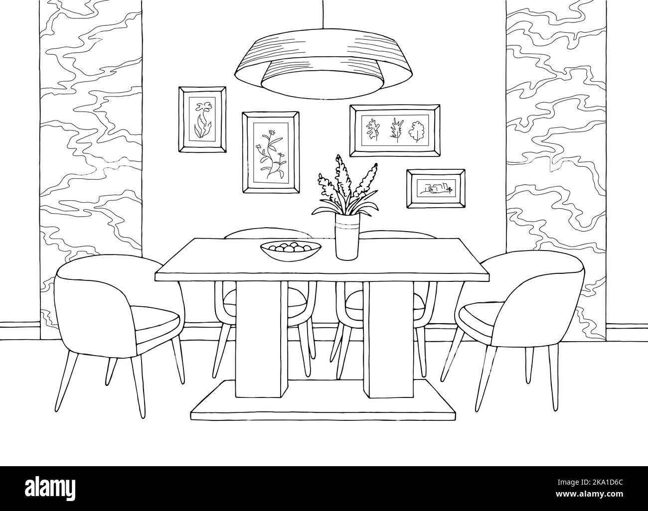Dining room home interior graphic black white sketch illustration ...