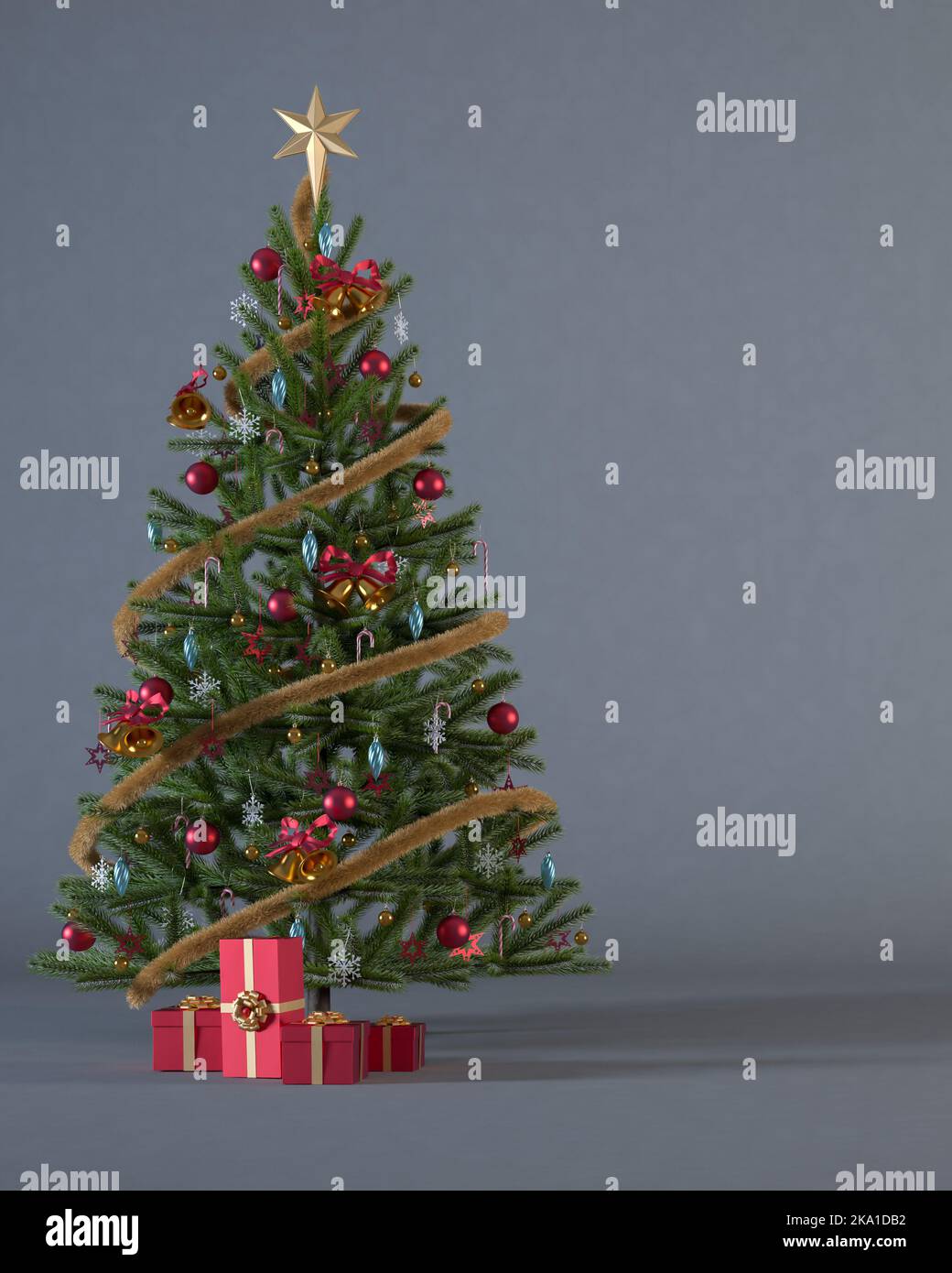 Christmas tree decorated with red and gold ornaments and red gift boxes on dark grey vertical
