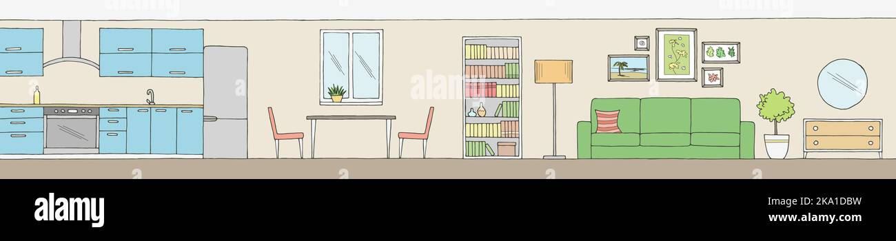 Apartment interior graphic color long sketch illustration vector Stock Vector