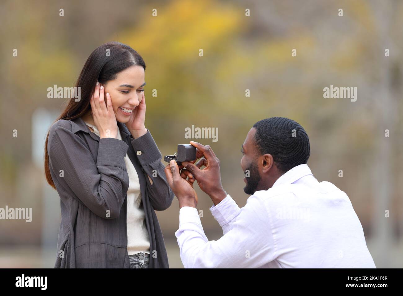 Marriage proposal of a happy interracial couple in a park Stock Photo