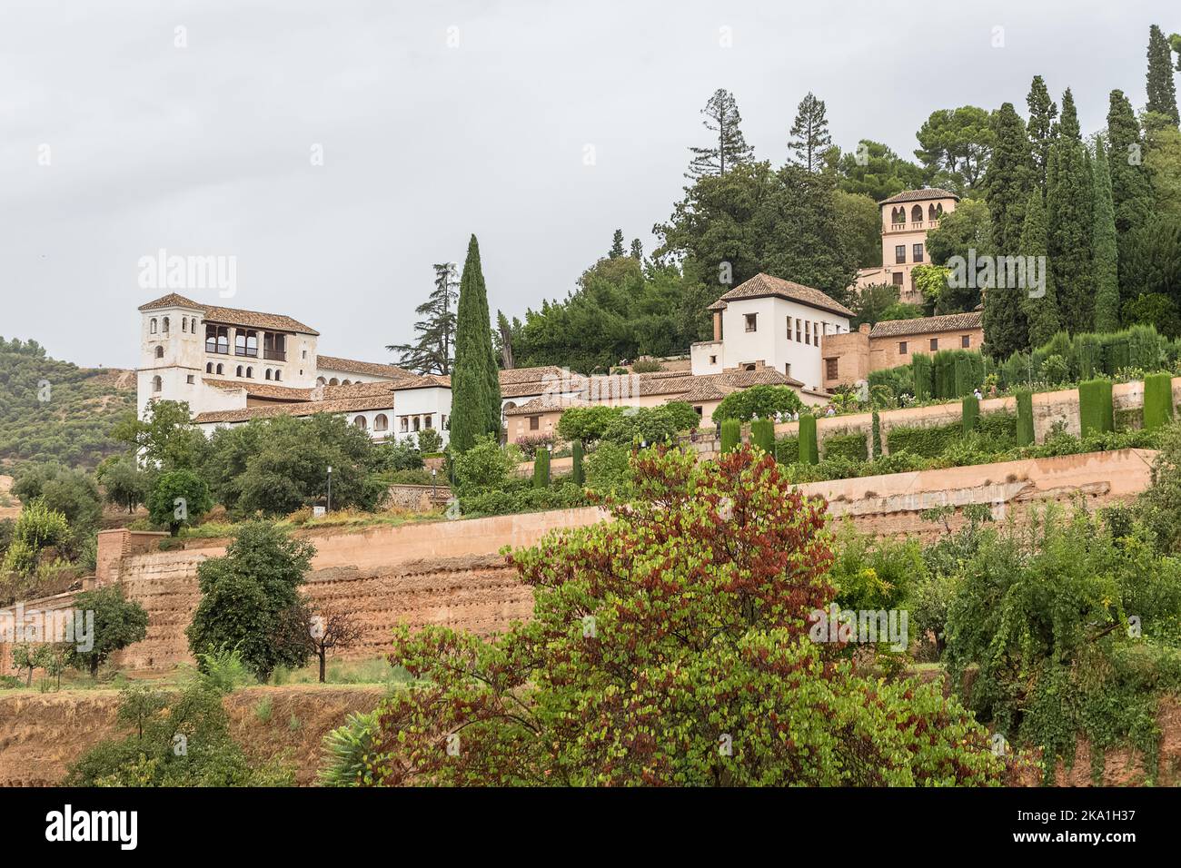 Alhambra Granada Spain - 09 14 2021: View at the Generalife Gardens and buildings full interior complex, Garden Water Channel or Patio de la Acequia, Stock Photo